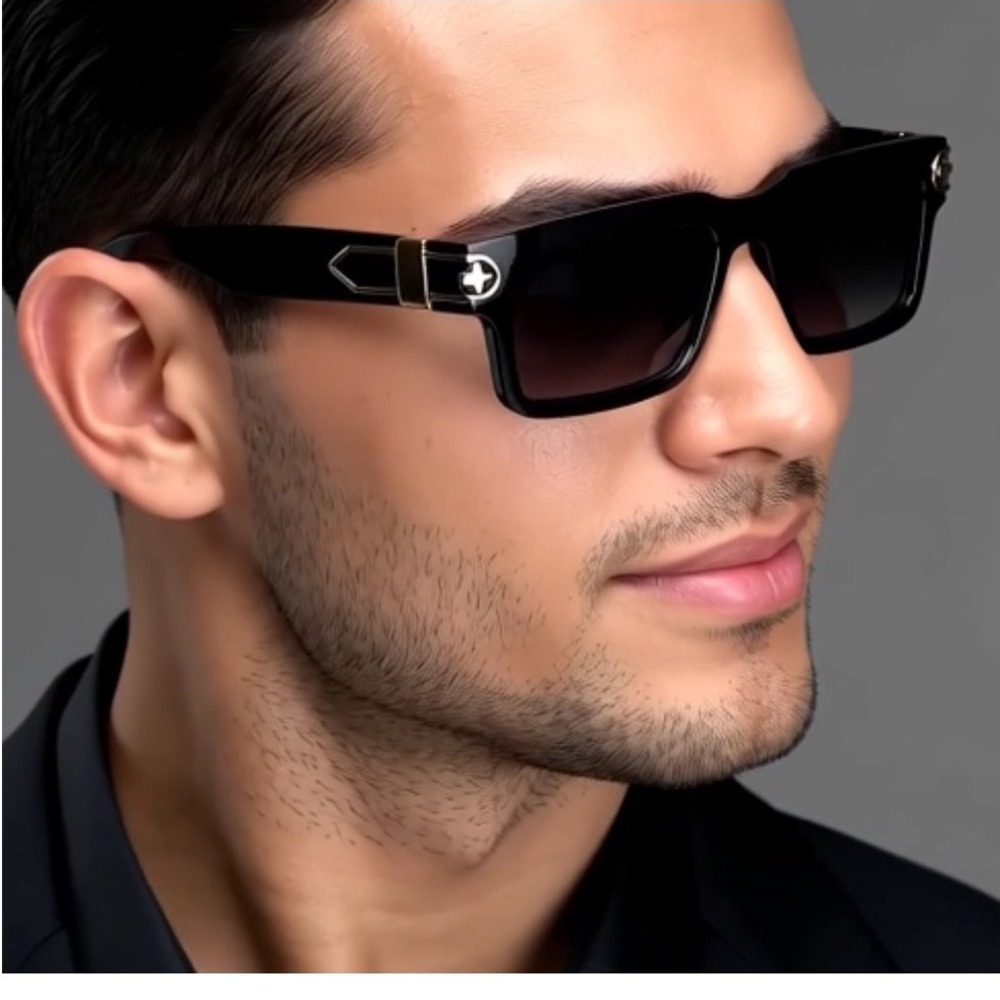 Mens Black Square Sunglasses Gradient Lenses Gold Accent Detail Fashion Eyewear‎